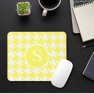 Classic Houndstooth Lemon Yellow & White Monogram Mouse Pad