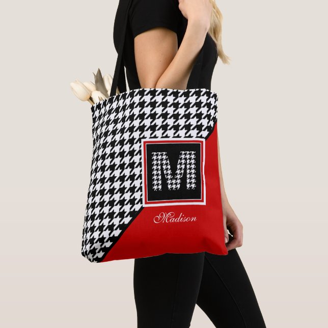 Classic Houndstooth Monogram in Red Black White Tote Bag (Close Up)