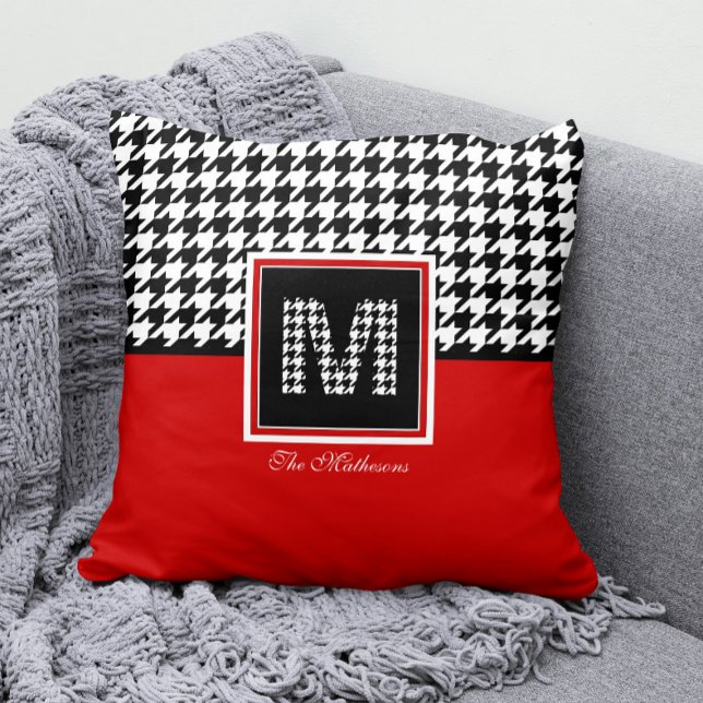 Classic Houndstooth & Monogram | Red Black White Cushion (Classic Houndstooth Monogram Decorative Pillow with Any Name)