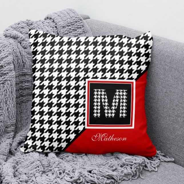 Classic Houndstooth & Monogram | Red Black White Cushion (Classic Houndstooth Monogram Decorative Pillow with Any Name)