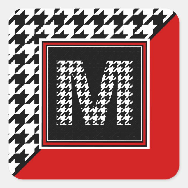 Classic Houndstooth & Monogram | Red Black White Square Sticker (Front)