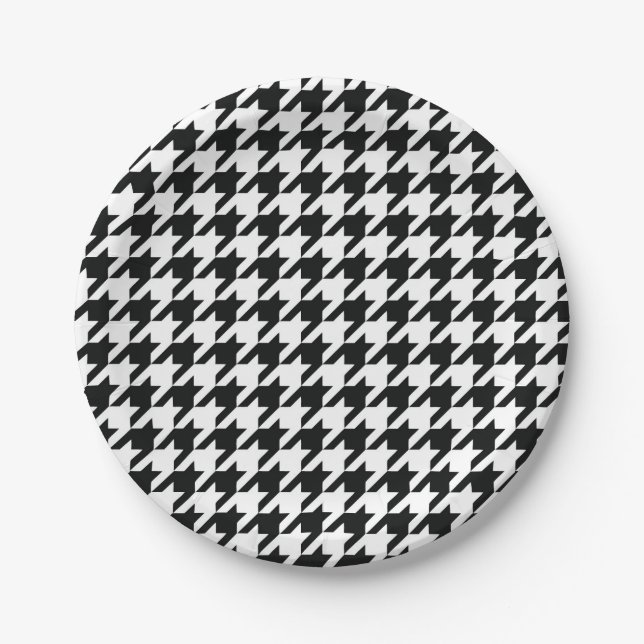 Classic Houndstooth Pattern: Black & White Vintage Paper Plate (Front)