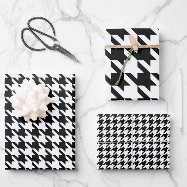 Classic Houndstooth Pattern: Black & White Vintage Wrapping Paper Sheet (Front)