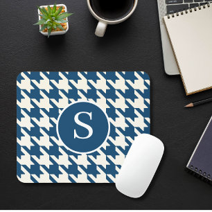 Classic Houndstooth Pattern Blue & White Monogram Mouse Pad