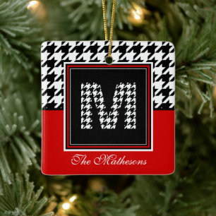 Classic Houndstooth Pattern Monogram Red and Black Ceramic Ornament