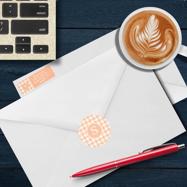 Classic Houndstooth Peachy Coral Monogram Round Sticker (Creator Uploaded)