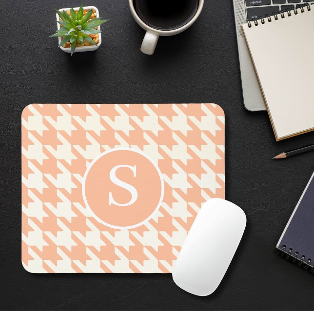 Classic Houndstooth Peachy Coral & White Monogram Mouse Pad (Creator Uploaded)