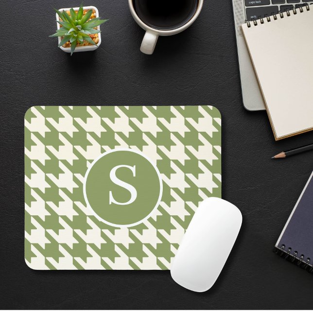 Classic Houndstooth Sage Green & White Monogram Mouse Pad (Creator Uploaded)