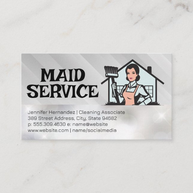 Classic House Maid Holding Broom  Business Card (Front)