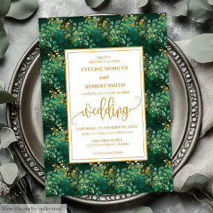 Classic Hunter Green Gold Eucalyptus Wedding  Invitation
