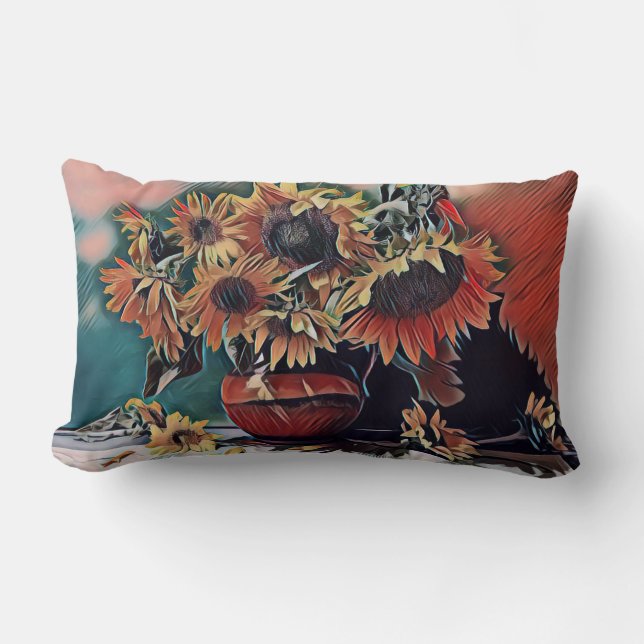 Classic Impressionist Style Sunflowers in a Vase Lumbar Cushion (Front)