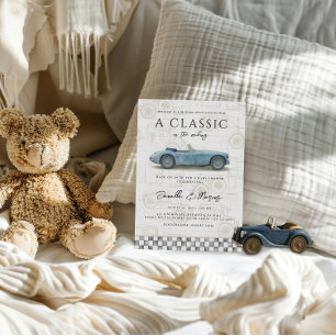 Classic in the Making Blue Vintage Car Baby Shower Invitation