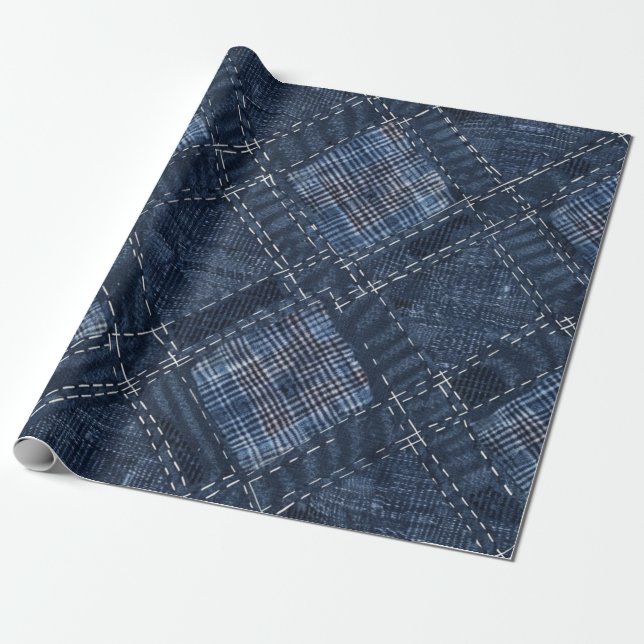 Classic Indigo Diamond Stitch Denim Pattern Wrapping Paper (Unrolled)