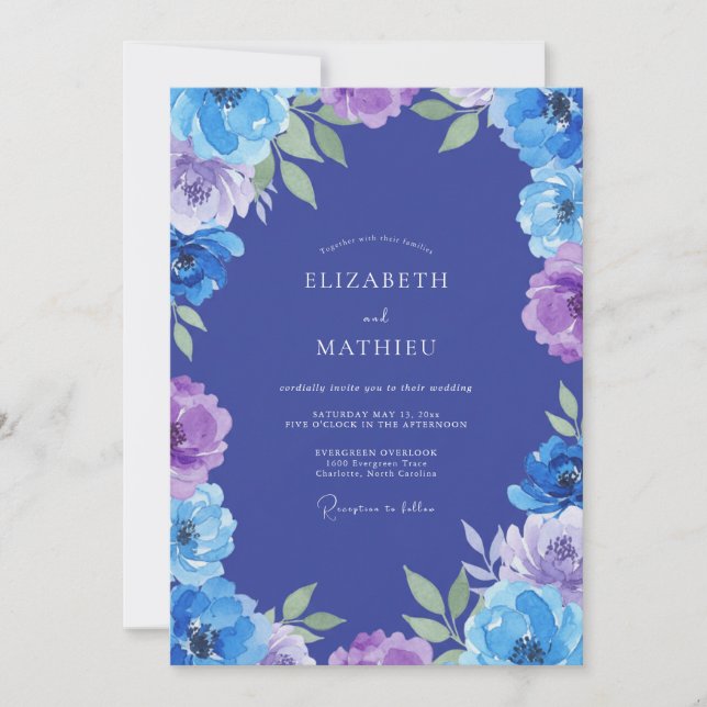 Classic Indigo Violet Peony Wedding Invitation (Front)