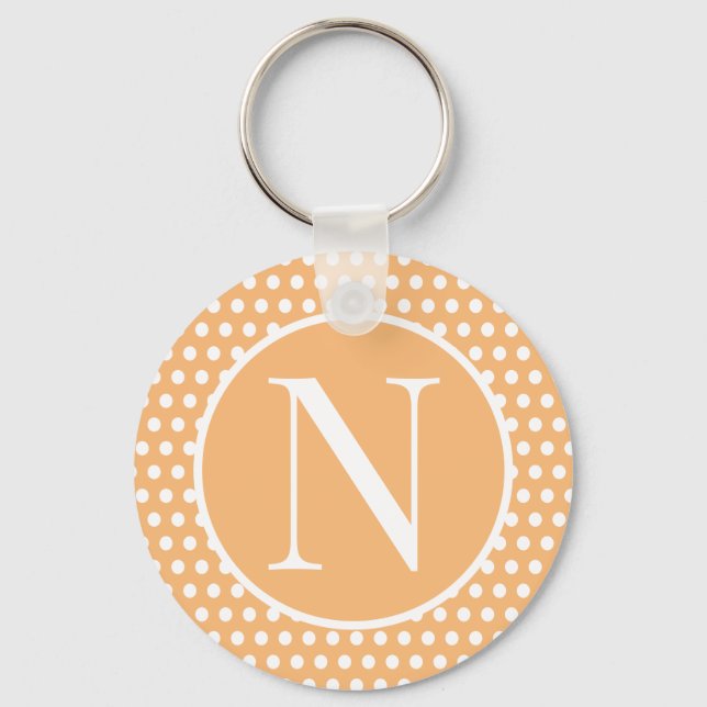 Classic initial letter Light Orange Polka Dots Key Ring (Front)