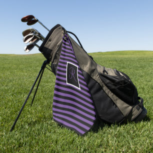 Classic Initial Letter Purple and Black Striped Golf Towel
