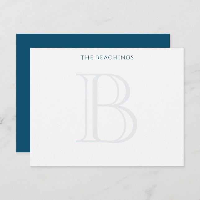 Classic Initial Navy Blue Family Stationery Card (Front/Back)