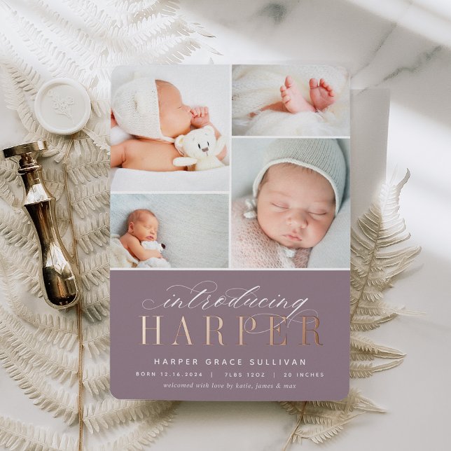 Classic Introduction Foil Photo Birth Announcement (Creator Uploaded)