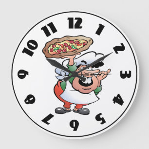 Classic Italian Pizza Chef Cartoon Large Clock