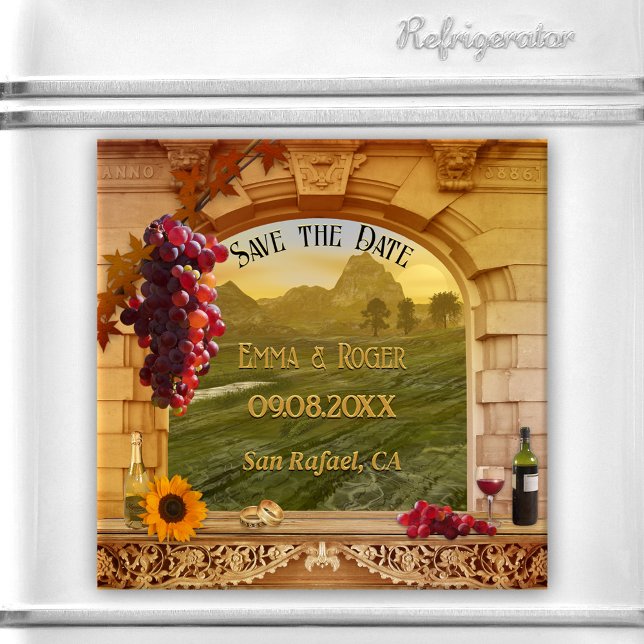 Classic Italian Vineyard Autumn Save the Date Magnet (Save the Date magnet featuring a fall winery or vineyard with Roman arch, grapes, wine and sunflower)