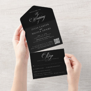 Classic Ivory Black Calligraphy QR Code Wedding All In One Invitation