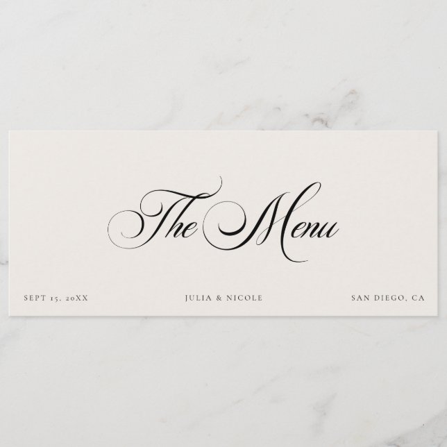 Classic Ivory Black Wedding Guest Menu Cards (Front)