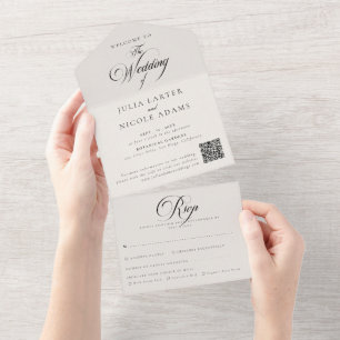 Classic Ivory Black Wedding RSVP Details QR Code All In One Invitation