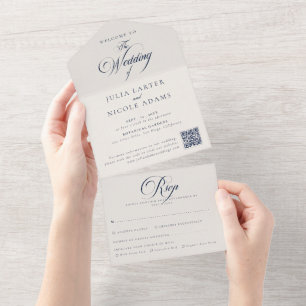 Classic Ivory Blue Calligraphy QR Code Wedding All In One Invitation