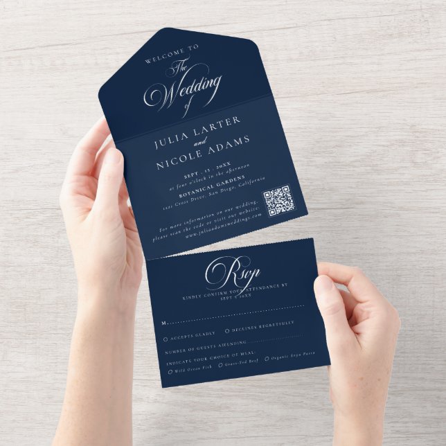 Classic Ivory Blue Calligraphy QR Code Wedding  All In One Invitation (Tearaway)