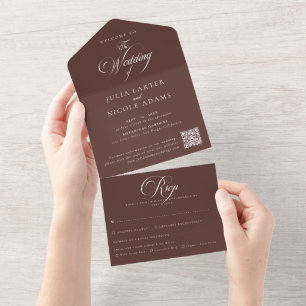 Classic Ivory Brown Calligraphy QR Code Wedding All In One Invitation