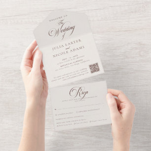 Classic Ivory Brown Calligraphy Wedding All In One Invitation