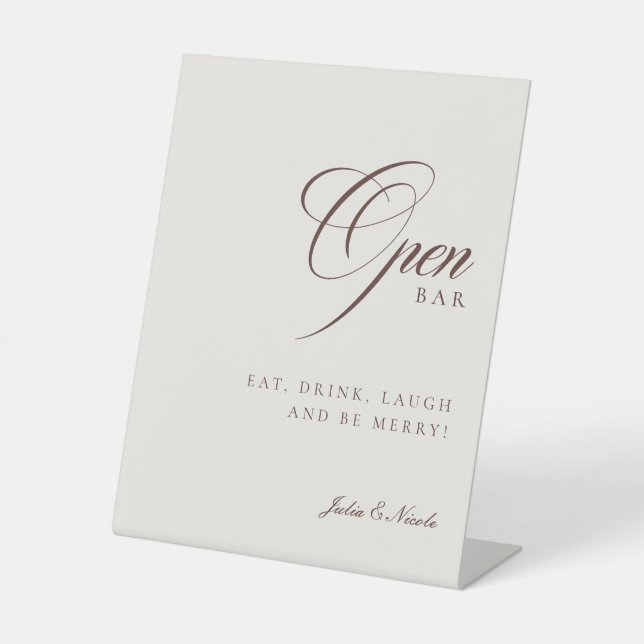 Classic Ivory Brown Open Bar Drinks Wedding Sign (Front)