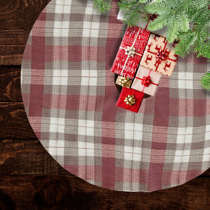 Classic Ivory Brown Rust Red Plaid Pattern Brushed Polyester Tree Skirt