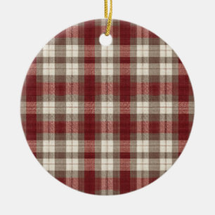 Classic Ivory Brown Rust Red Plaid Pattern Ceramic Ornament