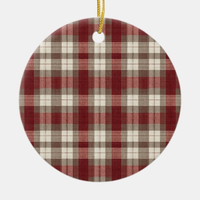 Classic Ivory Brown Rust Red Plaid Pattern Ceramic Ornament (Front)
