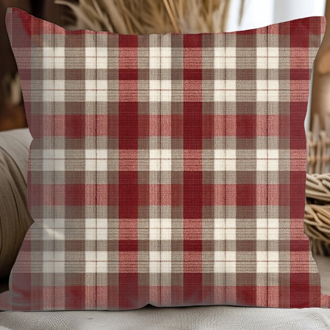 Classic Ivory Brown Rust Red Plaid Pattern Cushion (Creator Uploaded)