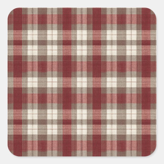 Classic Ivory Brown Rust Red Plaid Pattern Square Sticker (Front)