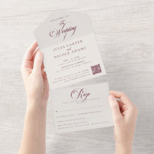 Classic Ivory Burgundy Calligraphy QRCode Wedding All In One Invitation