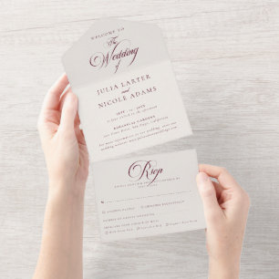Classic Ivory Burgundy Calligraphy Wedding All In One Invitation