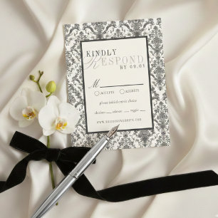 Classic Ivory Damask Rococo Pattern Wedding RSVP Card