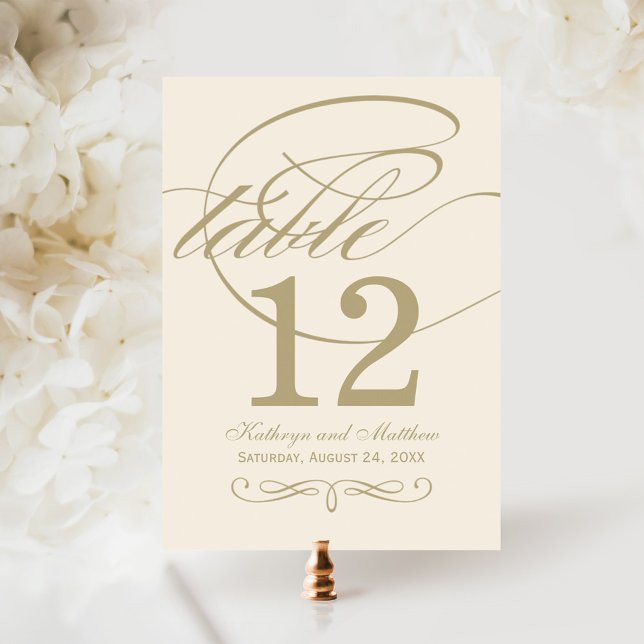 Classic Ivory Gold Script Table Number Card (Creator Uploaded)