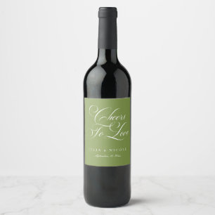 Classic Ivory Green Calligraphy Cheers Wedding Wine Label