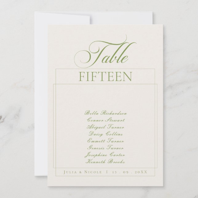Classic Ivory Green Calligraphy Name Table Number (Front)