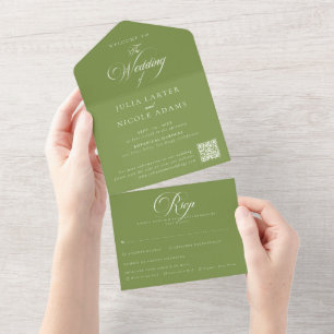 Classic Ivory Green Calligraphy QR Code Wedding  All In One Invitation