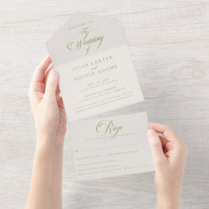 Classic Ivory Green Calligraphy Wedding All In One Invitation