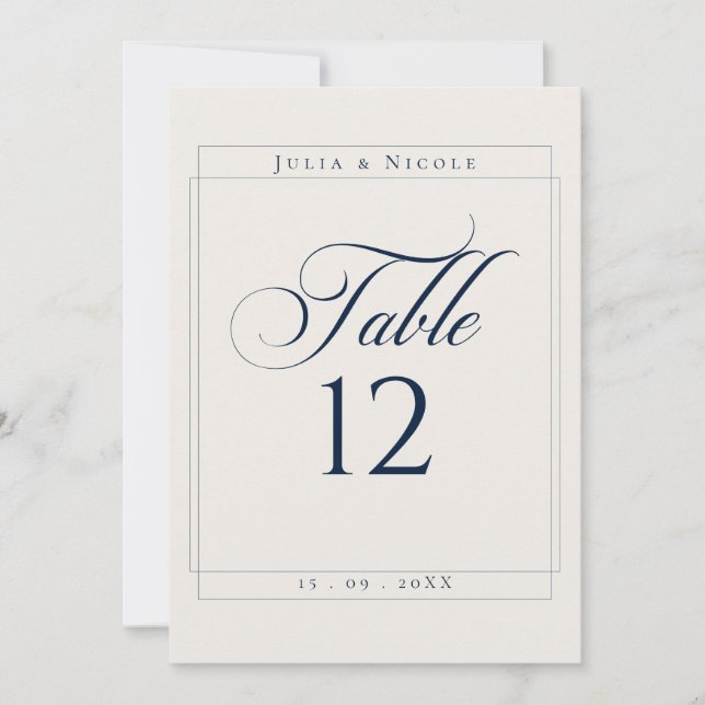 Classic Ivory Navy Blue Calligraphy Table Number (Front)