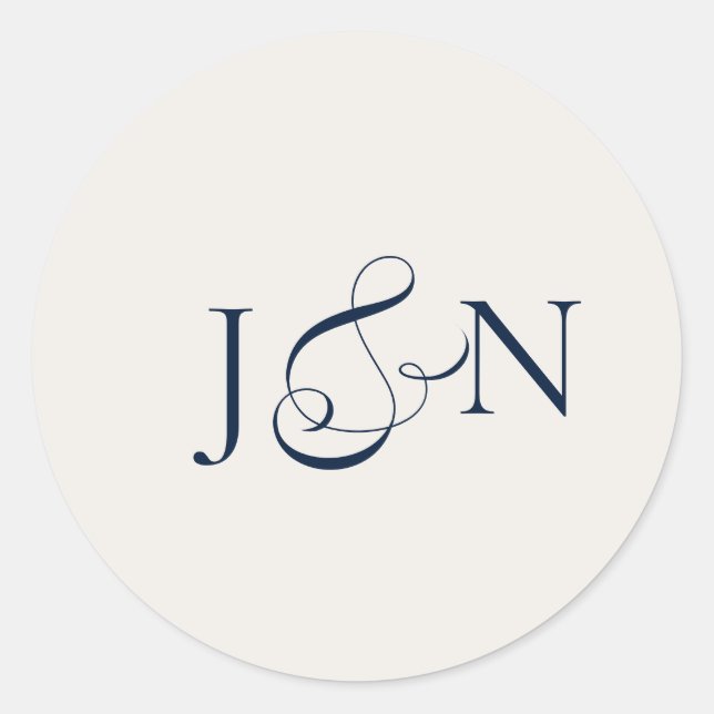 Classic Ivory Navy Blue Calligraphy Wedding Round Sticker (Front)