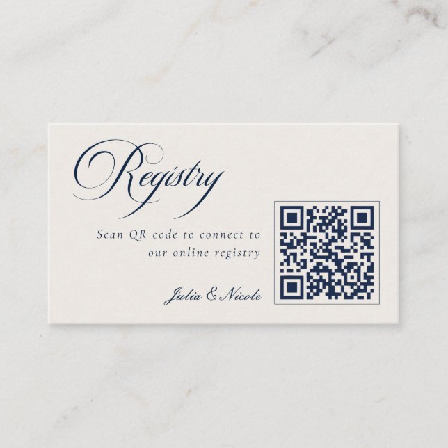 Classic Ivory Navy Blue QR Code Wedding Registry Enclosure Card (Front)