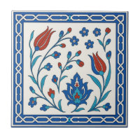Classic Iznik Floral Ceramic Tile in Blue & Red