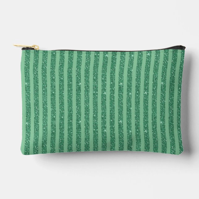 Classic Jade Green Glitter Style Vertical Stripes Accessory Pouch (Front)